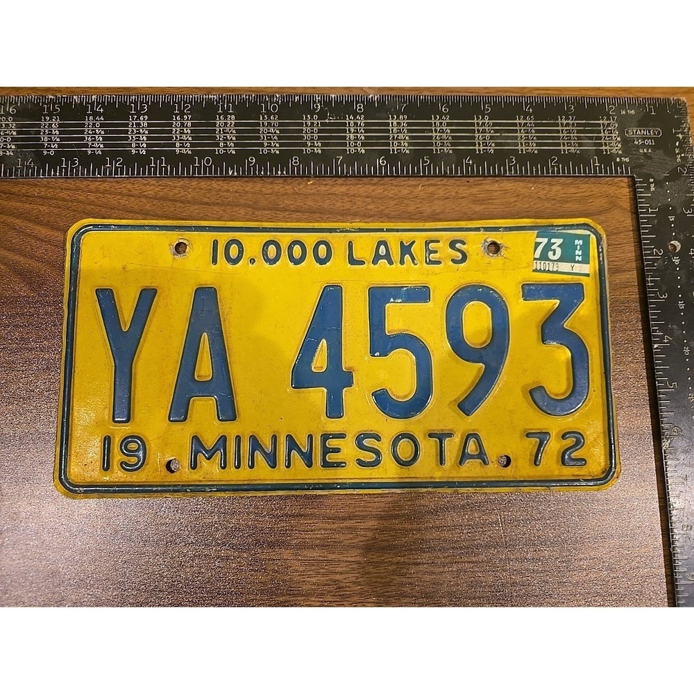 1972 Minnesota License‎ Plate YA 4593 10000 Lakes Yellow Vintage Auto Car